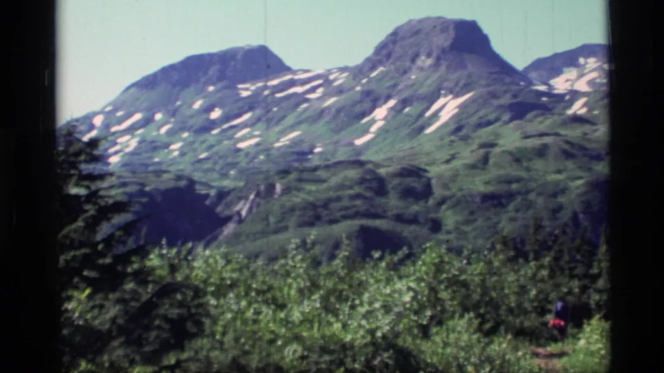 1977 Alaska frame showing snow-patched mountains, green brush, evergreens, and a small distant visitor at lower right.