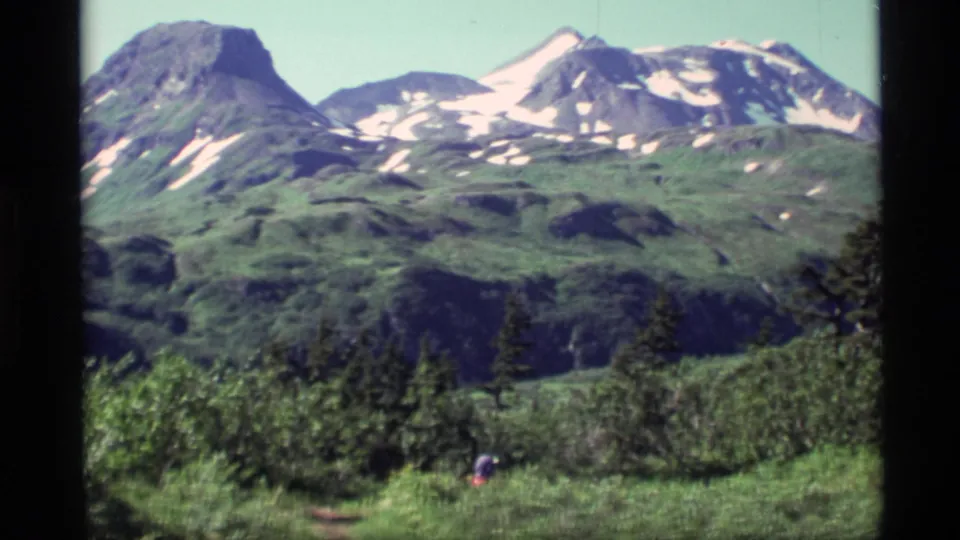 1977 Alaska 8mm view of a snow-patched peak, green mountain basin, brush, evergreen trees, and a distant hiker.