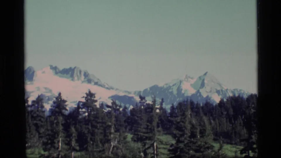 1977 Alaska home-movie frame with evergreen trees silhouetted against distant snowy peaks and open sky.