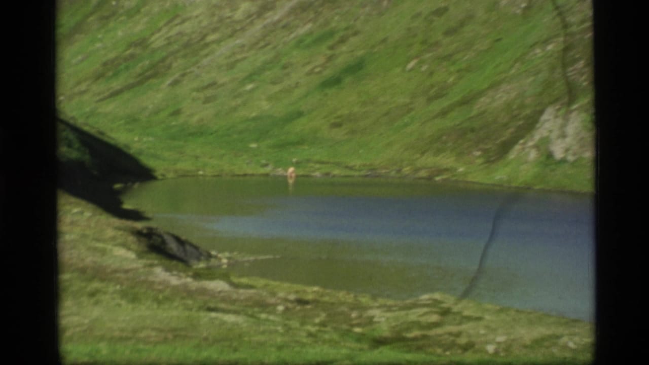 1977 Alaska 8mm frame showing a small mountain lake, grassy slopes, and a lone distant figure near the shoreline.