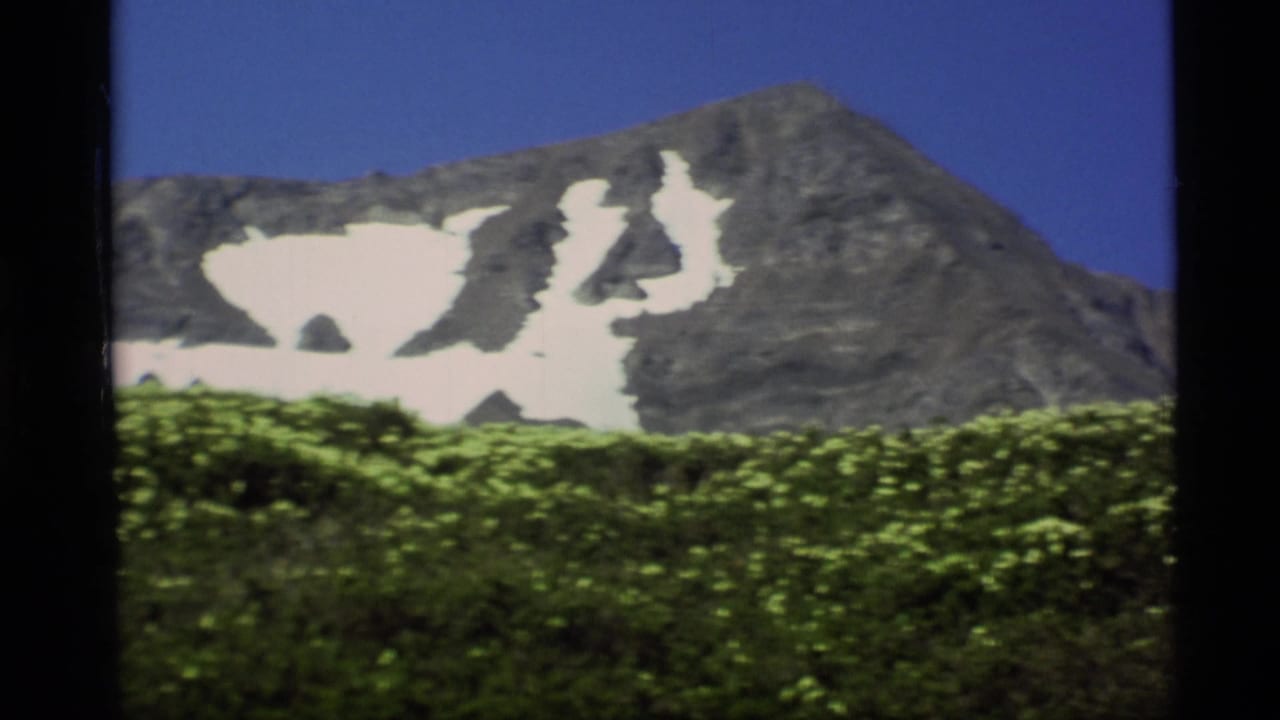 1977 Alaska 8mm frame showing a gray mountain slope with lingering snow patches and green alpine growth in the foreground.