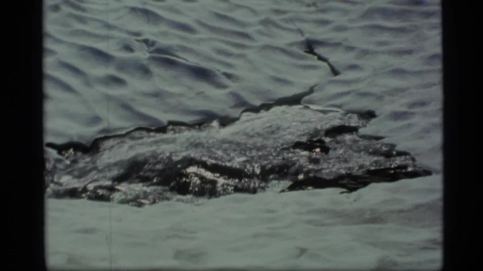 1977 Alaska 8mm frame showing snow and ice around a dark channel of spring runoff in rocky mountain terrain.