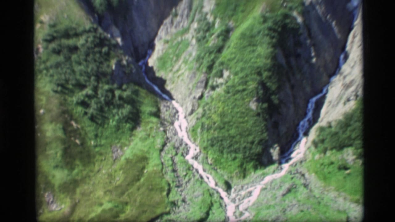 Green mountain ravine with a pale winding trail or streambed and dark trees.