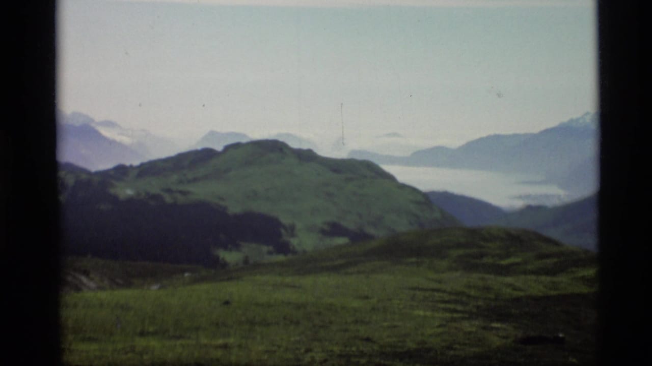 Green hills and distant water framed by dark vertical window bars.