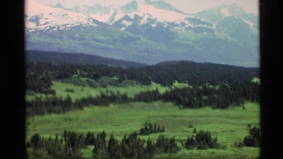 1977 8mm view of an Alaskan green valley backed by evergreen hills and snow-streaked mountains beyond.