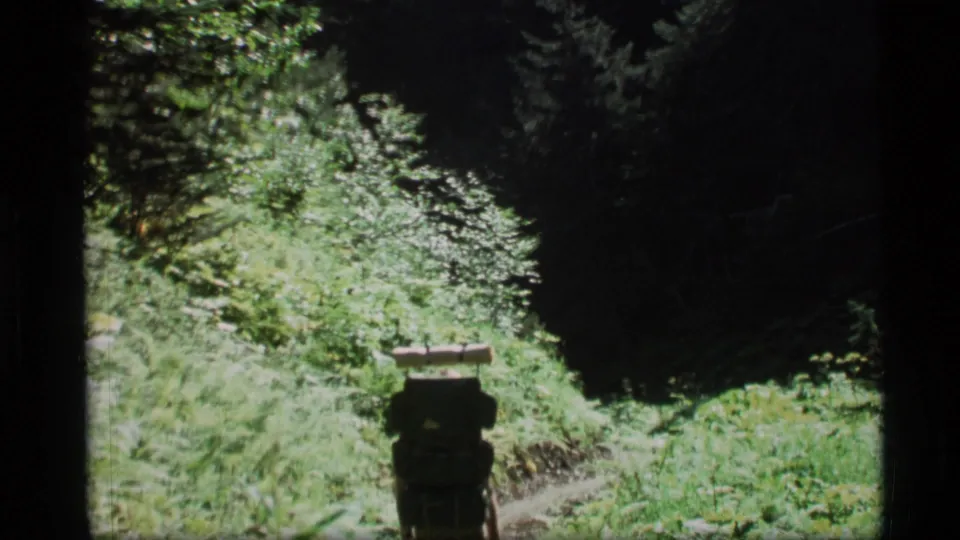 The hiker continues along the bright, narrow forest path, seen from behind in 1977 Alaska home-movie footage.