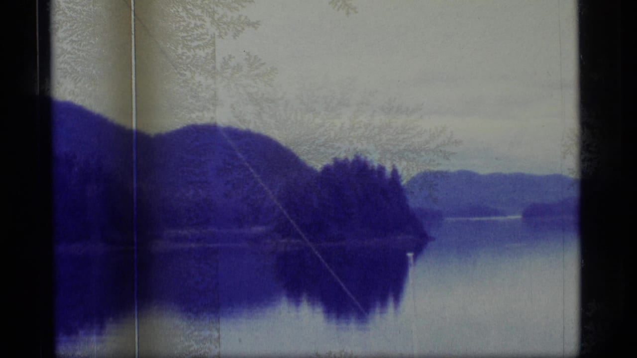 1977 Alaska 8mm frame of a calm lake, forested island, distant mountains, blue cast, scratches, and frosty surface marks.