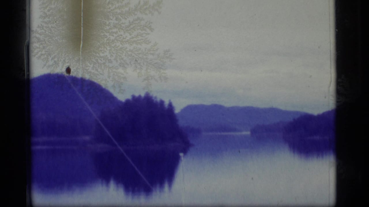 Calm blue lake framed by dark film borders, with wooded shoreline, mountains, and pale misty sky.