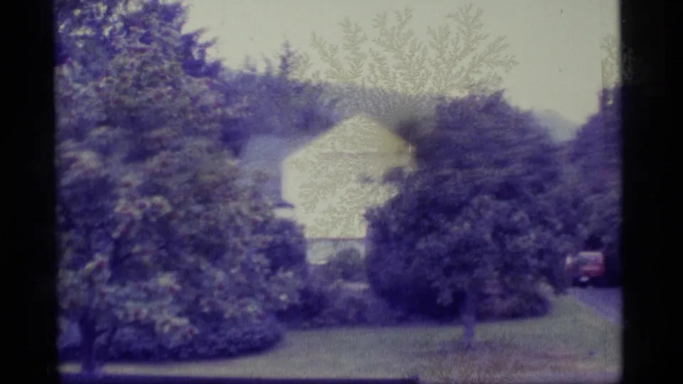 1977 Alaska 8mm frame showing a white building beyond trees, shrubs, and a grassy foreground.