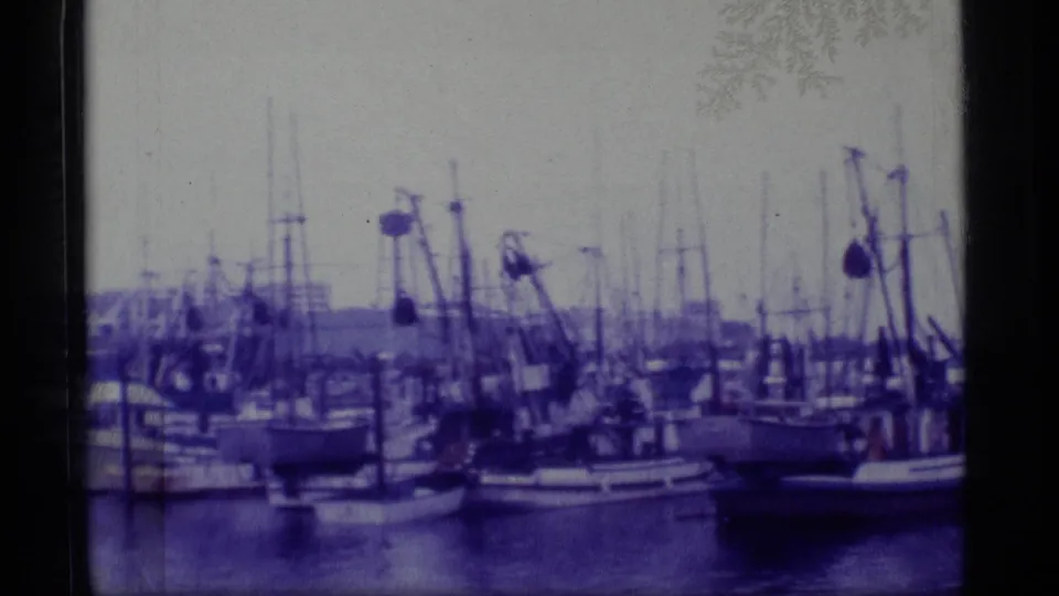 1977 Alaska harbor view with small fishing boats, vertical masts, dock pilings, muted shoreline, and purple 8mm film cast.