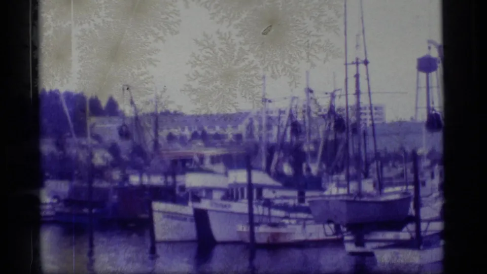1977 Alaska 8mm frame showing moored fishing boats, masts, dock pilings, and soft waterfront structures through a purple-tinted scan.