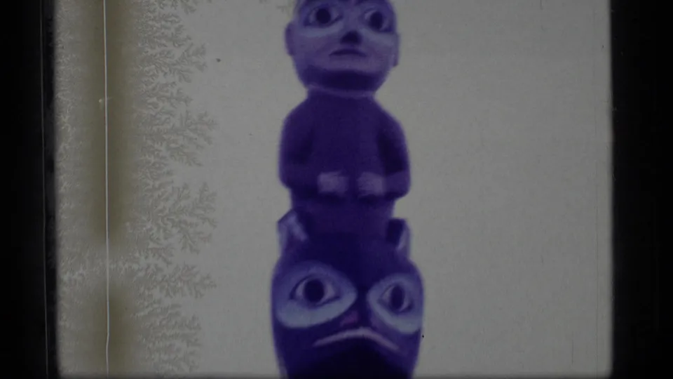 1977 Alaska 8mm frame showing a purple-tinted carved totem pole section with large stylized eyes and faces against a pale background.