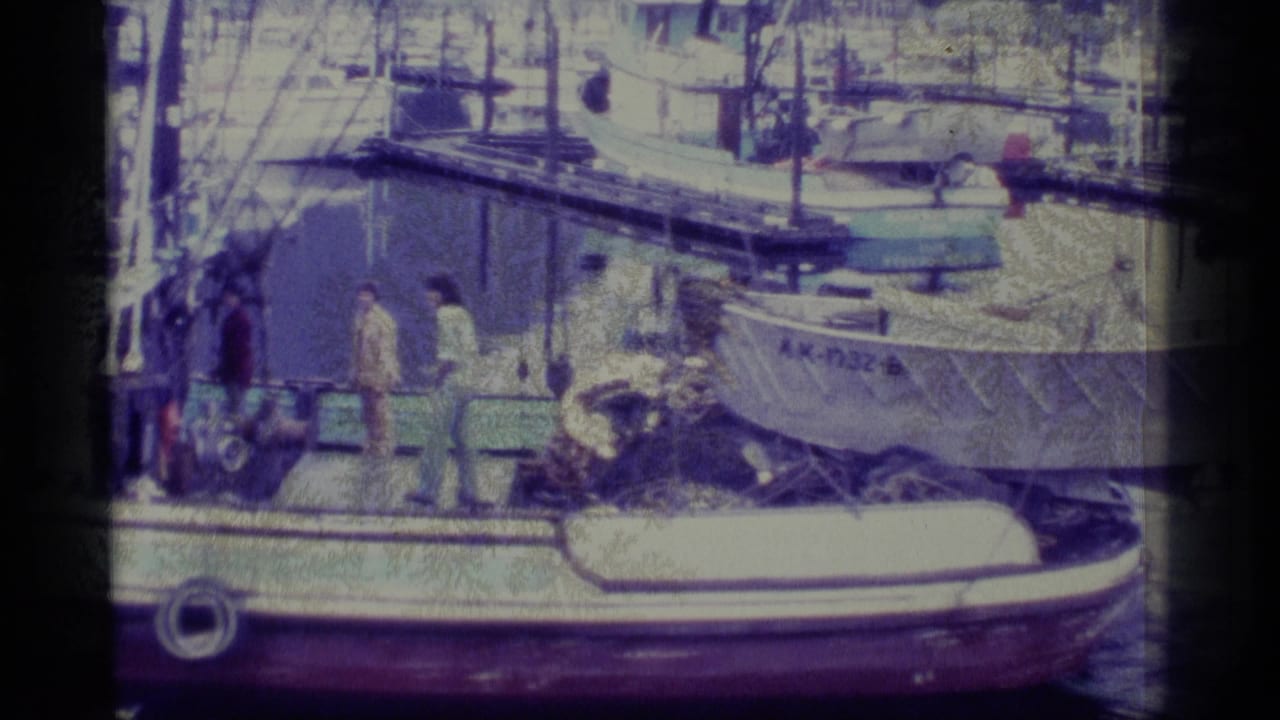 Two men stand on a small boat near moored harbor vessels.
