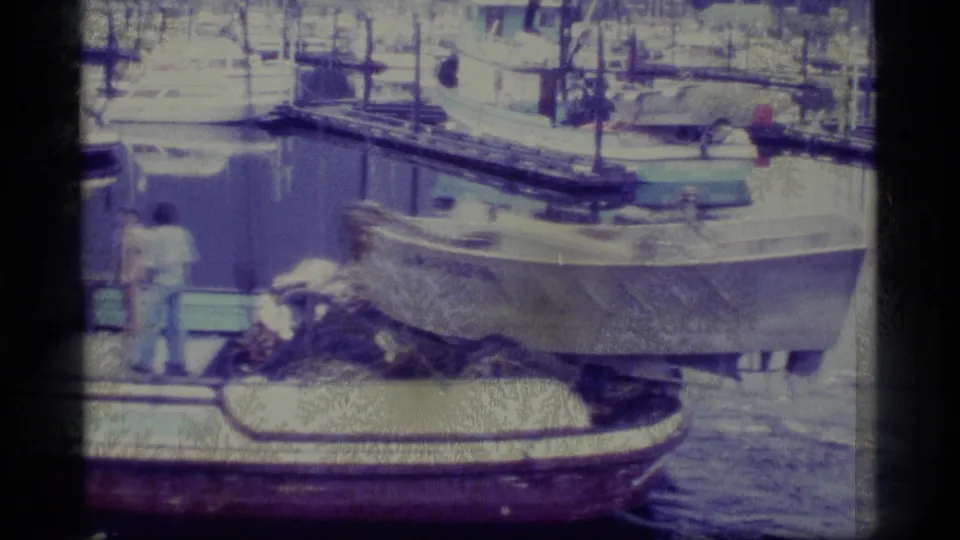A 1977 Alaska harbor view shows a small boat in the foreground, moored vessels behind it, and people near the dock area.