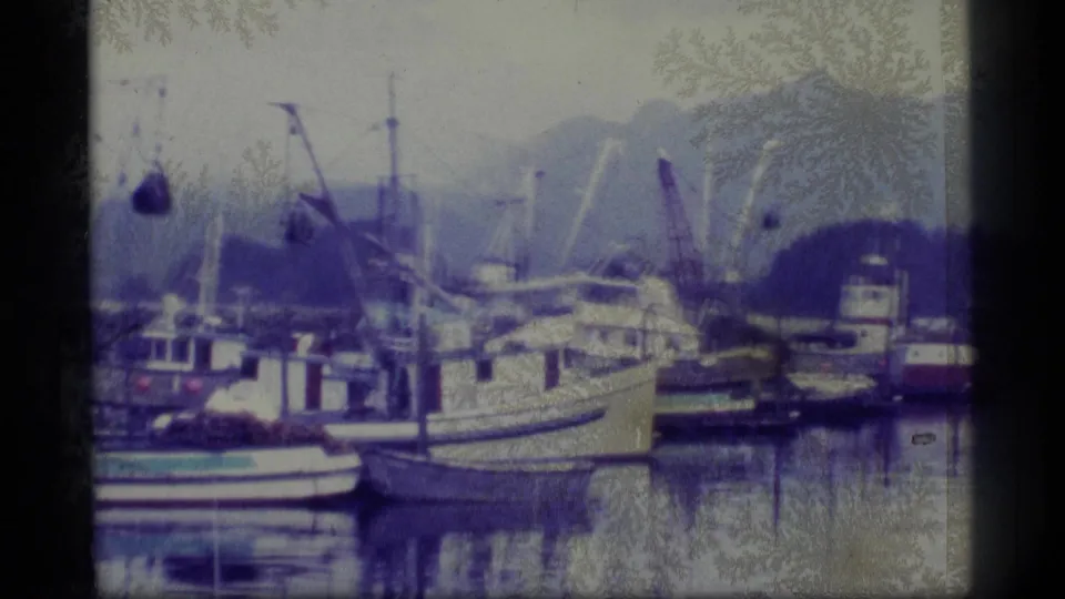 1977 Alaska footage shows several fishing boats and rigging in calm harbor water, with mountains rising beyond the shoreline.