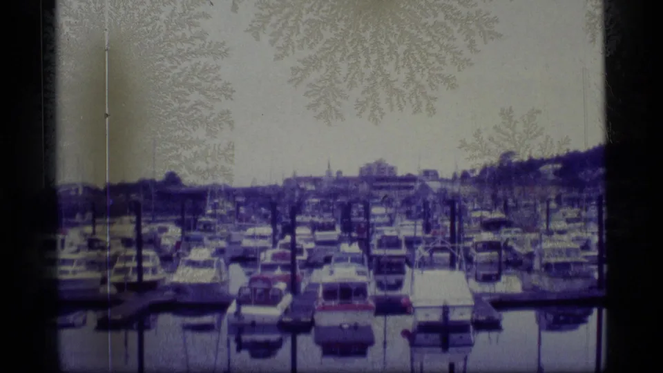1977 Alaska home-movie frame of many docked boats in a marina, with calm water, pilings, and distant shoreline.