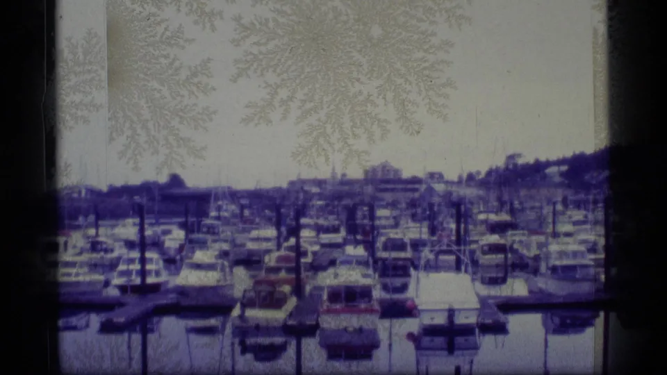 1977 Alaska 8mm frame showing a marina packed with small boats in calm water, with docks and low shoreline in the distance.