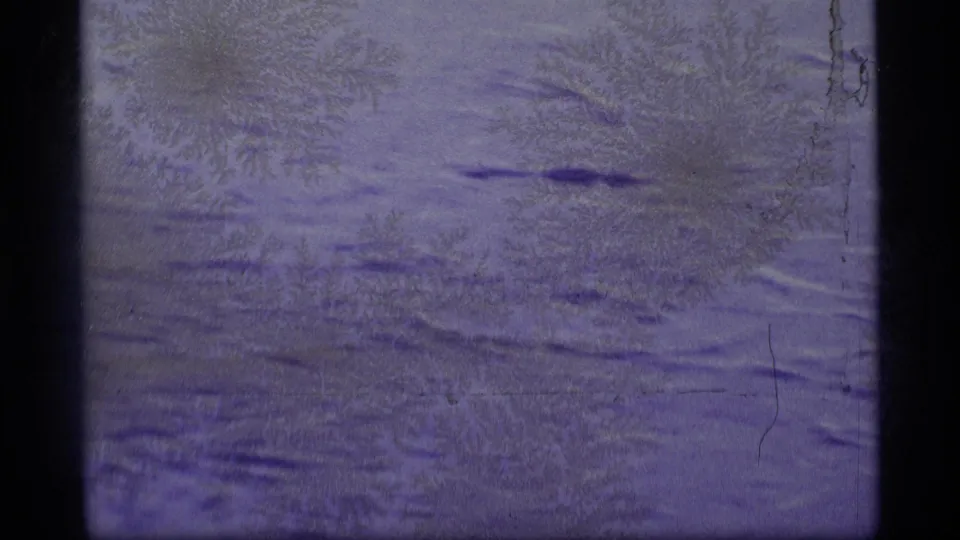 1977 Alaska-labeled 8mm frame showing a rippled water surface with a dark, indistinct shape and visible scratches across the faded film image.