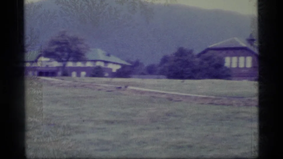 The duck continues across the grass in a soft 8mm Alaska view with brown buildings, trees, and hills beyond.