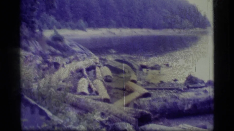 Alaskan river shoreline with driftwood, rocks, calm water, and a wooded hillside, recorded in soft purple-shifted 8mm home-movie footage.
