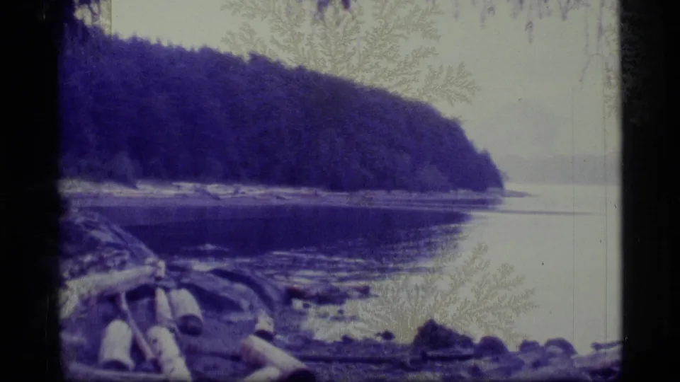 The final frame holds on calm Alaskan river water, a forested hillside, pale sky, and driftwood along the near shore in grainy 8mm color footage.