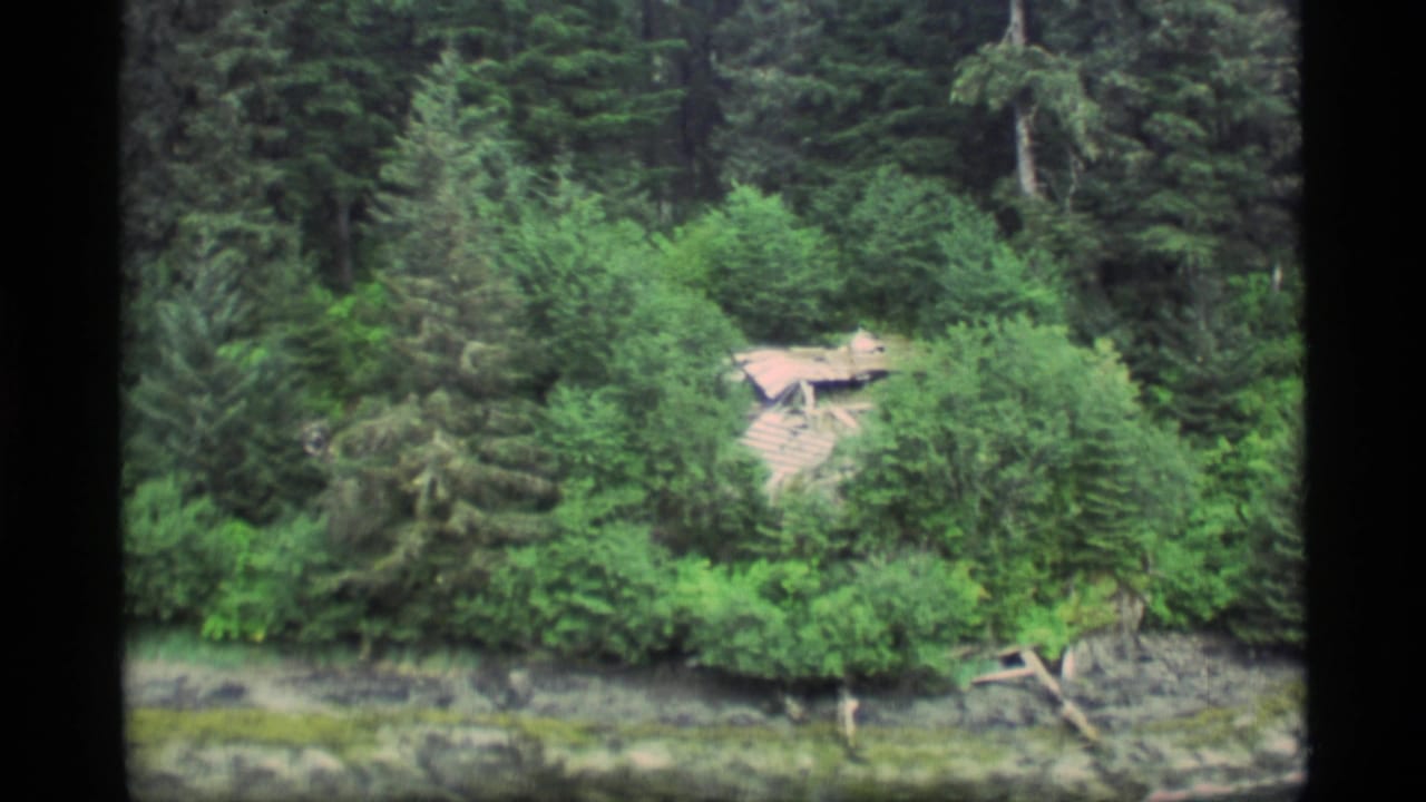 1977 Alaska 8mm frame showing a weathered wooden structure partly concealed by dense forest beside a rocky shore.