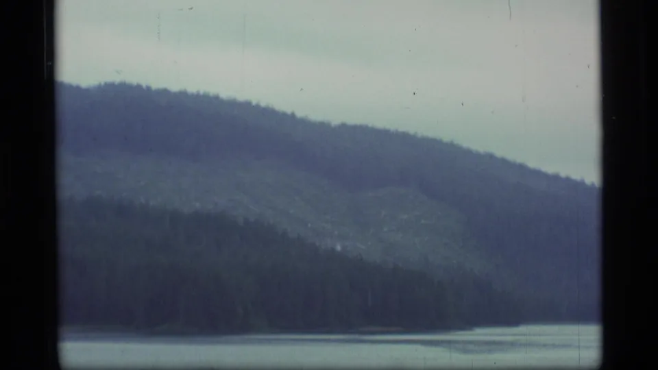 1977 Alaska 8mm frame showing a long evergreen ridge, distant hillside, and calm water under hazy overcast light.