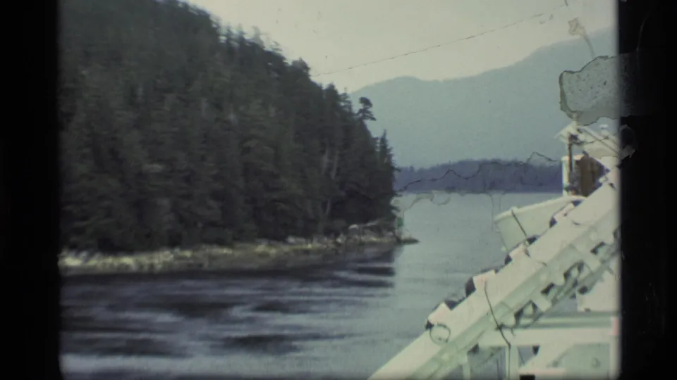 Alaska cruise view through ship structure, with wooded shoreline, calm water, and hazy mountains in the distance.