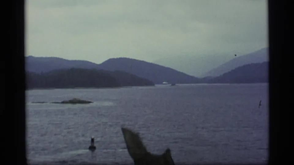 A traveler’s 1977 Alaska view captures a buoy and low island on a misty lake, with mountains receding behind them.