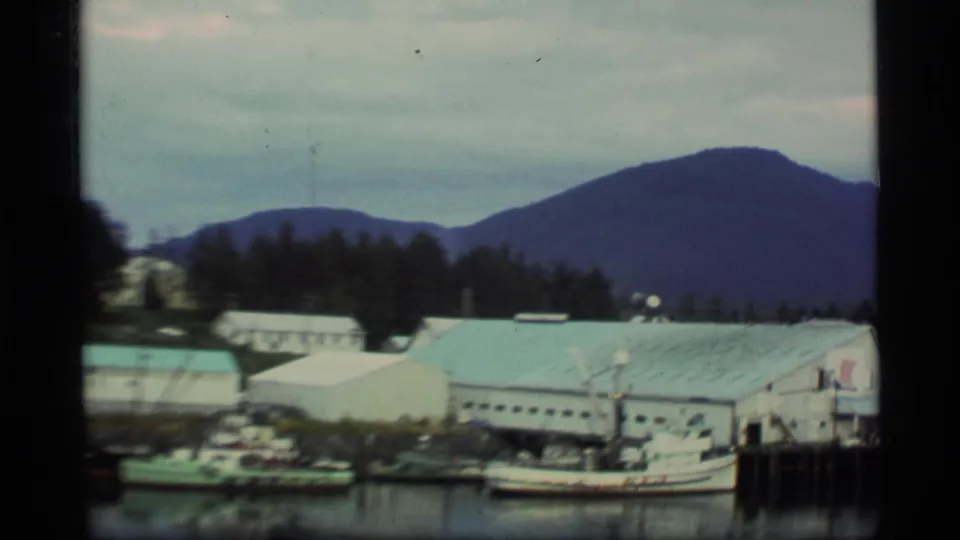 Alaska coastal port scene showing light-roofed industrial buildings, moored boats, trees, and mountains in soft 8mm focus.