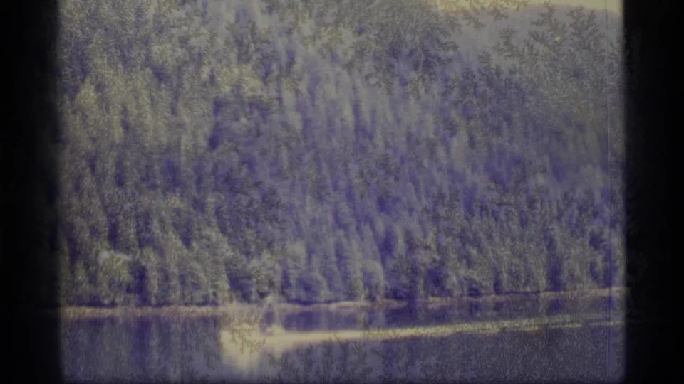 Grainy 1977 Alaska home-movie frame with a small boat near the lower waterline and dense evergreen forest beyond.