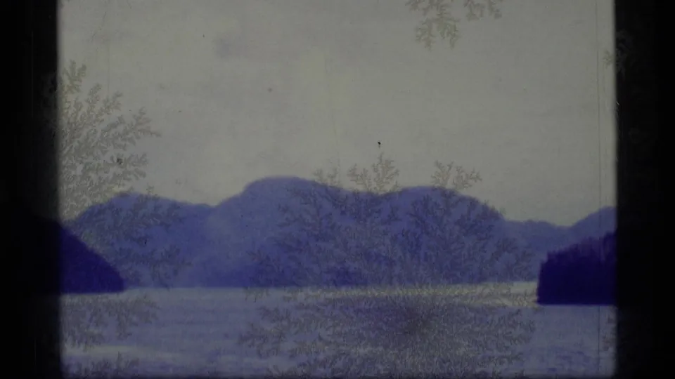 1977 Alaska 8mm frame showing mountains across still water, dark shoreline edges, hazy sky, and visible crystalline film-surface patterns.