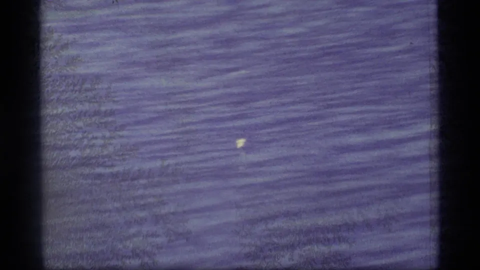 1977 Alaska home-movie frame focused on rippled river water with a small white bird under a purple-blue film cast.