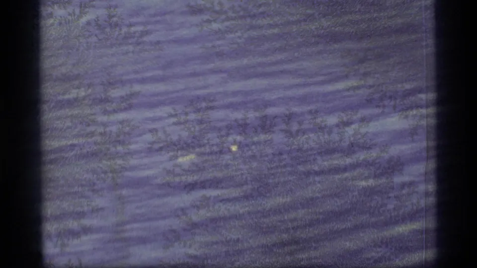 1977 Alaska 8mm frame showing rippled water and shoreline texture, framed by dark film edges and faded purple-blue color.