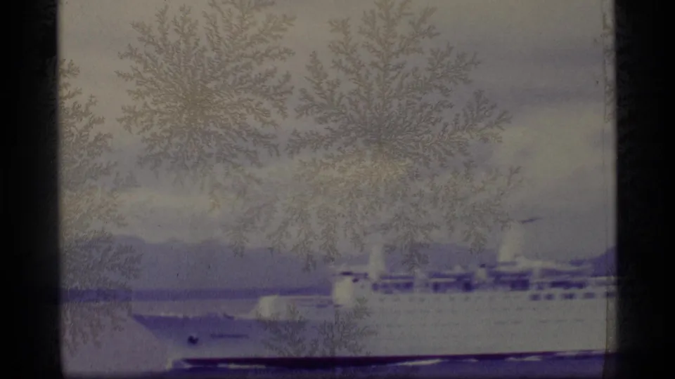 1977 Alaska coastal frame with a large passenger ship near forested land, seen through grain, scratches, and purple film discoloration.