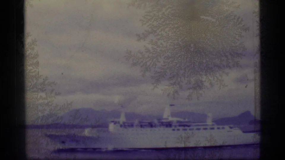 1977 Alaska Super 8 frame showing a passenger ship on a bay with low mountains beyond, softened by grain and emulsion marks.