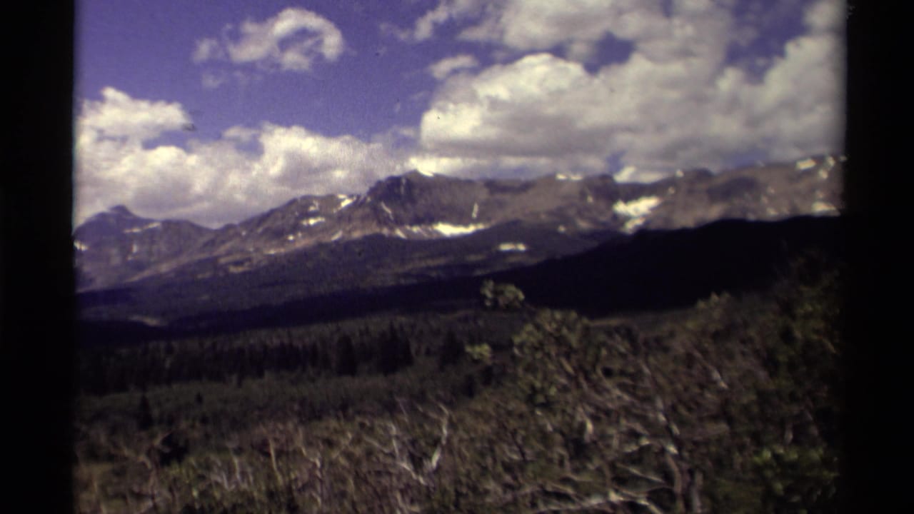 Distant mountain peaks and dark forest with brush in the foreground beneath large white clouds.