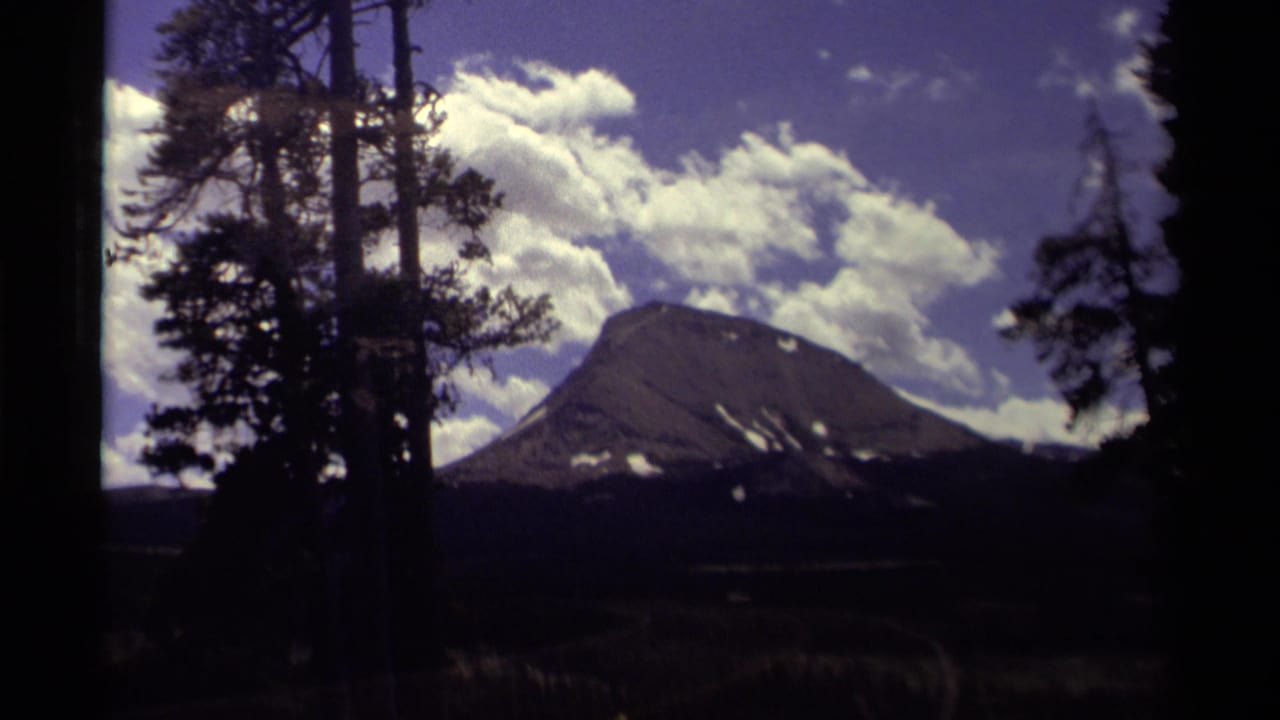 Dark evergreen trees frame a mountain beneath bright clouds and blue sky.
