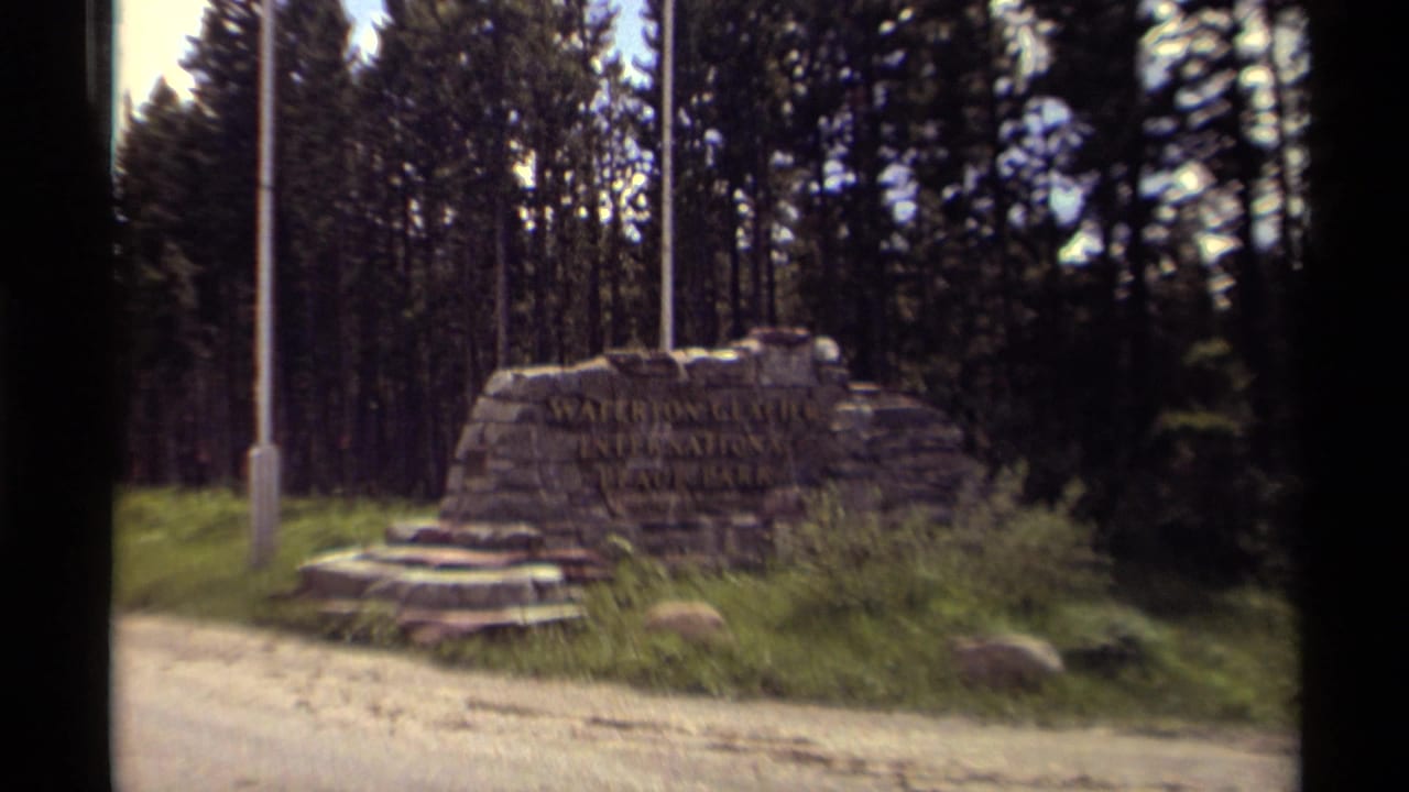 Stone Waterton Glacier International Peace Park sign beside a road and pine forest.