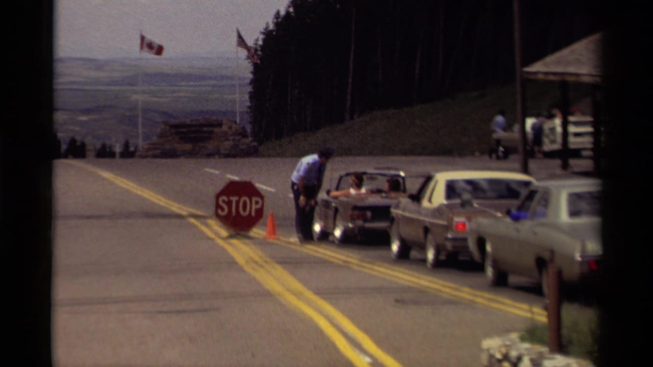 Cars line up at a stop sign while flags wave near a wooded roadside entrance.