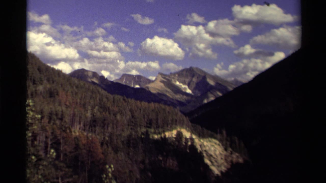 Mountain ridges and evergreen forest seen beneath a bright, cloudy sky.