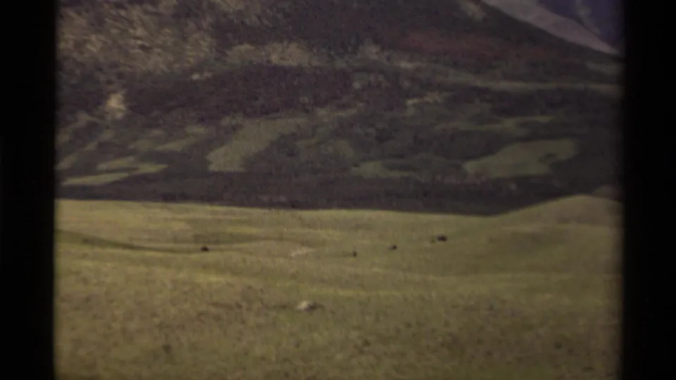 1979 Canadian 8mm frame showing open grassland, distant slopes, and rugged mountains beyond a valley floor.