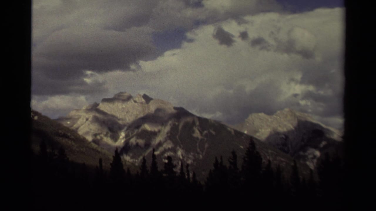 Rocky snow-capped peaks rise above a dark conifer forest under large clouds.