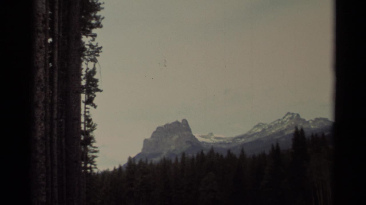 1979 Canada 8mm frame showing a distant snow-streaked mountain rising beyond a dark spruce forest under an overcast sky.