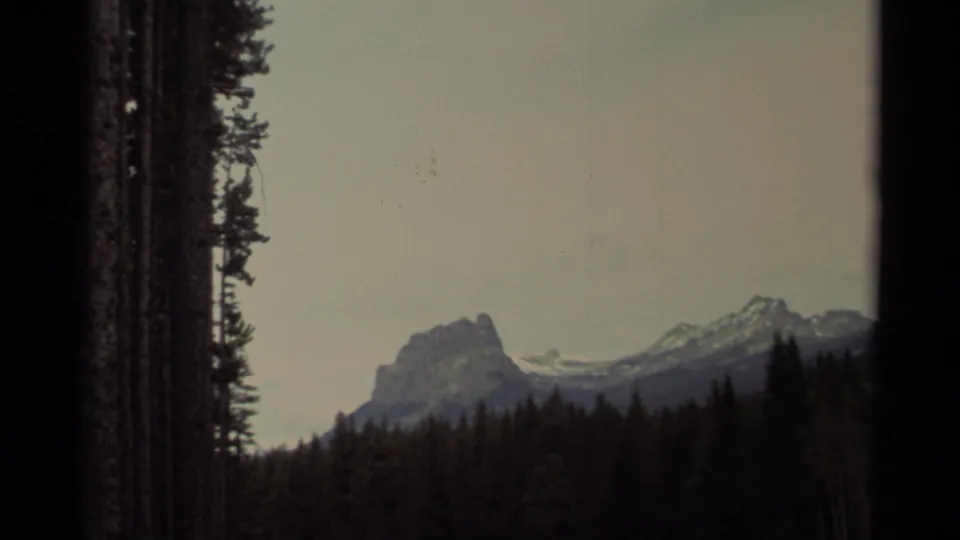 1979 Canada 8mm frame showing a distant snow-streaked mountain rising beyond a dark spruce forest under an overcast sky.