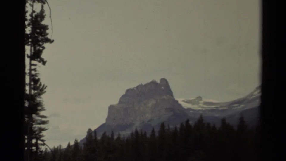 1979 Canada 8mm frame with a rugged mountain face behind the spruce forest, framed by dark conifers along the left edge.