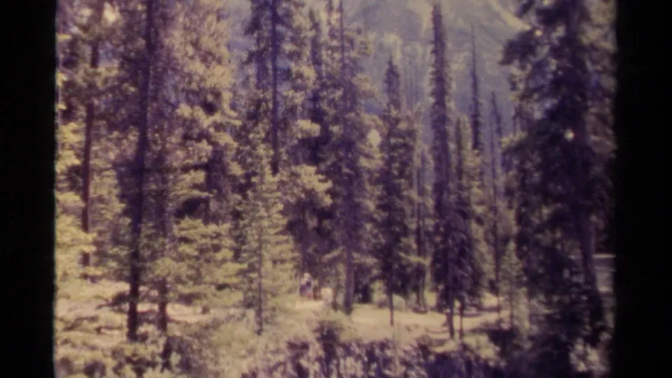 1979 Canadian 8mm frame showing a wooded clearing near a rocky drop, with a possible distant figure among the trees.
