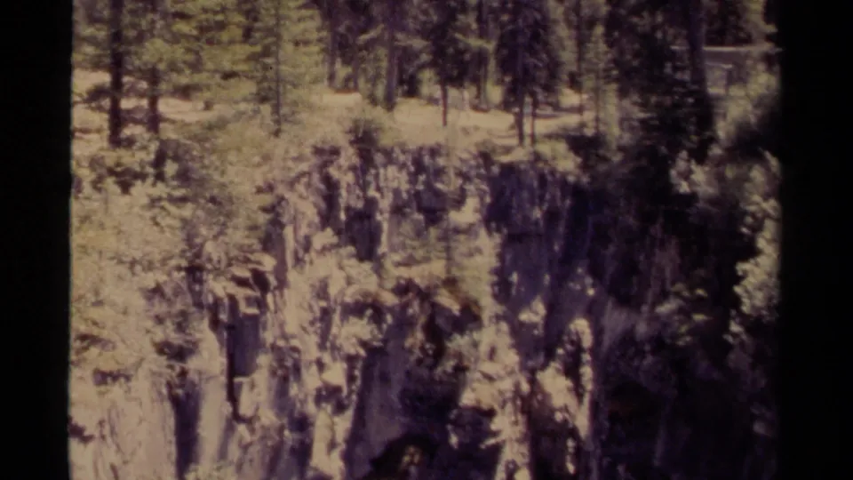 1979 8mm Canada travel footage frame with evergreen forest, rocky terrain, and mottled sunlight across the hillside.