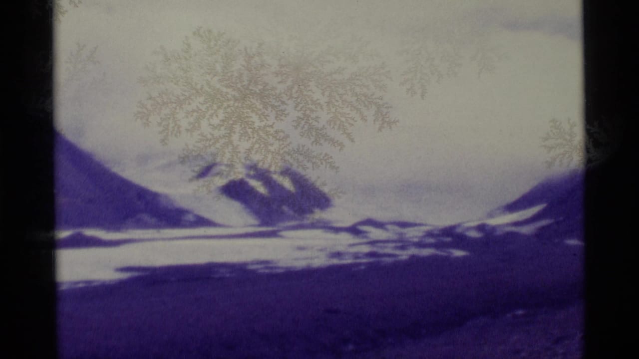 1977 Alaska home-movie frame with distant snow-covered peaks, purple terrain, pale sky, and visible film borders.