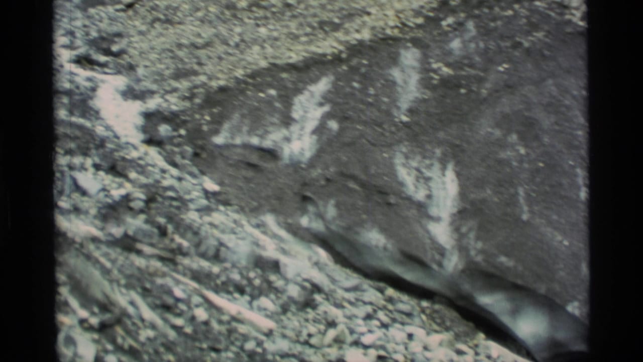Close view of a dark rocky surface with pale streaks and loose stones below.